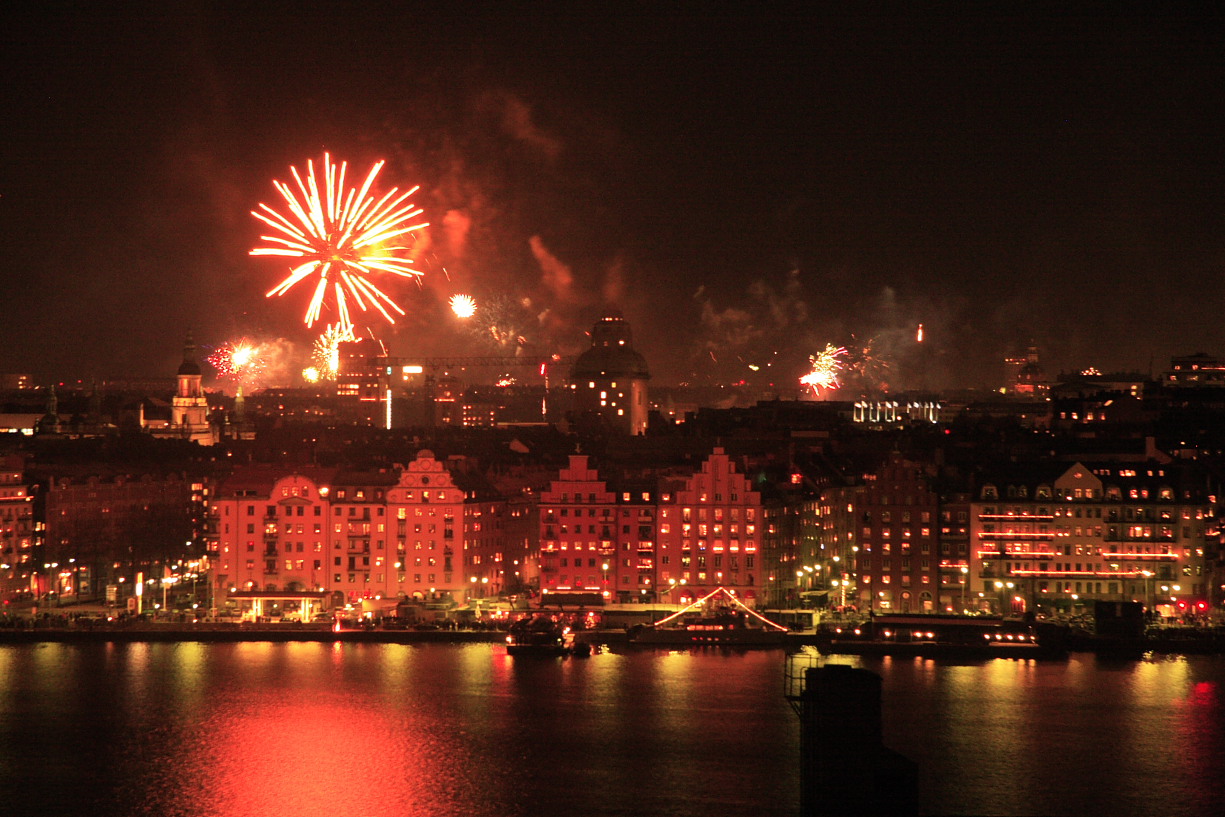 New year's eve fireworks over Kungsholmen, as seen from our balcony.