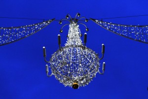 A close-up of the cool chandelier lights on Drottninggatan.