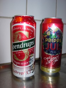 Two of the jul öl or Chrtistmas beer options.