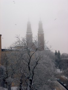 While the temperature is cold, there is still a fog hanging over the city that has blurred out the tips of the Högalid steeples while leaving a frost on the trees.