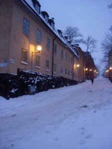 A snowy street on Södermalm.